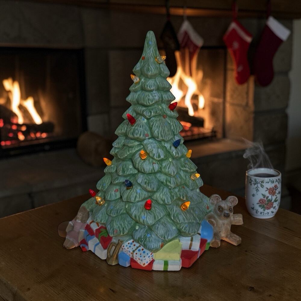 Ceramic Christmas Tree - Presents, Teddy, Doll Below Tree - Read